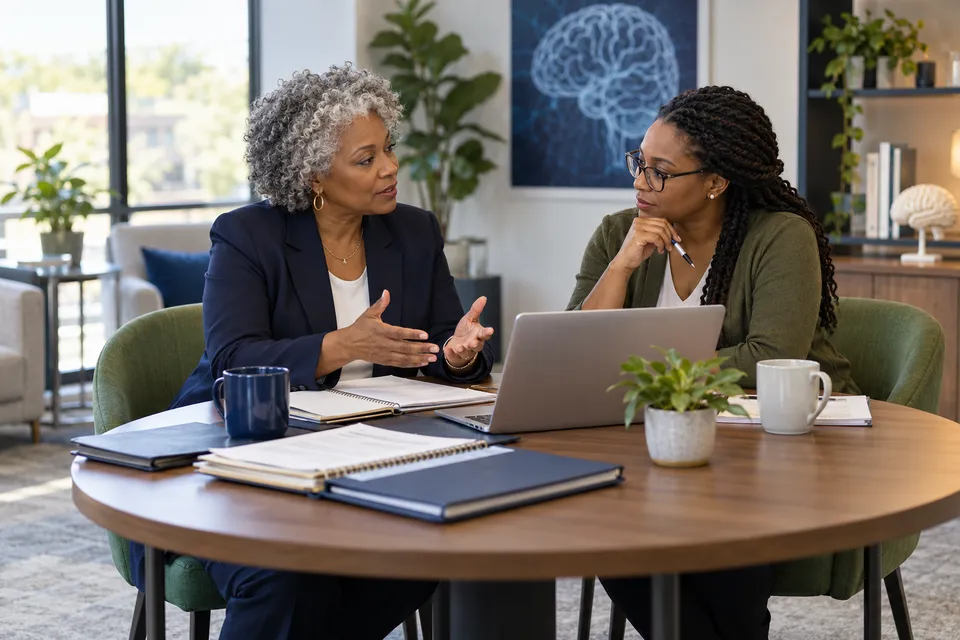 A mature Black woman practice administrator with silver natural hair planning administrative tasks with a Black colleague at a round meeting table