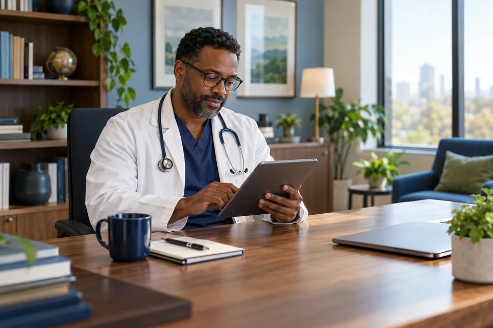 A Black male physician with glasses reviewing a tablet while seated at a spacious wooden desk
