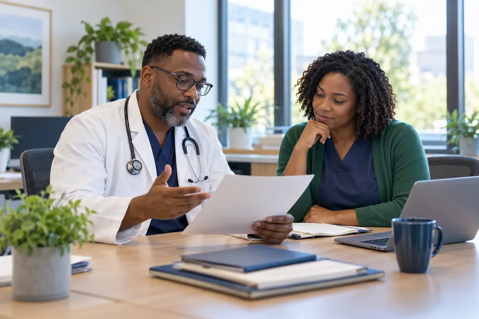 A Black male physician with glasses discussing an anonymous document with a Black colleague in a bright office