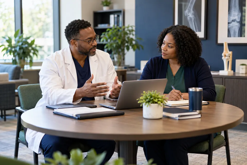 A Black male physician with glasses planning administrative tasks with a Black colleague at a round meeting table