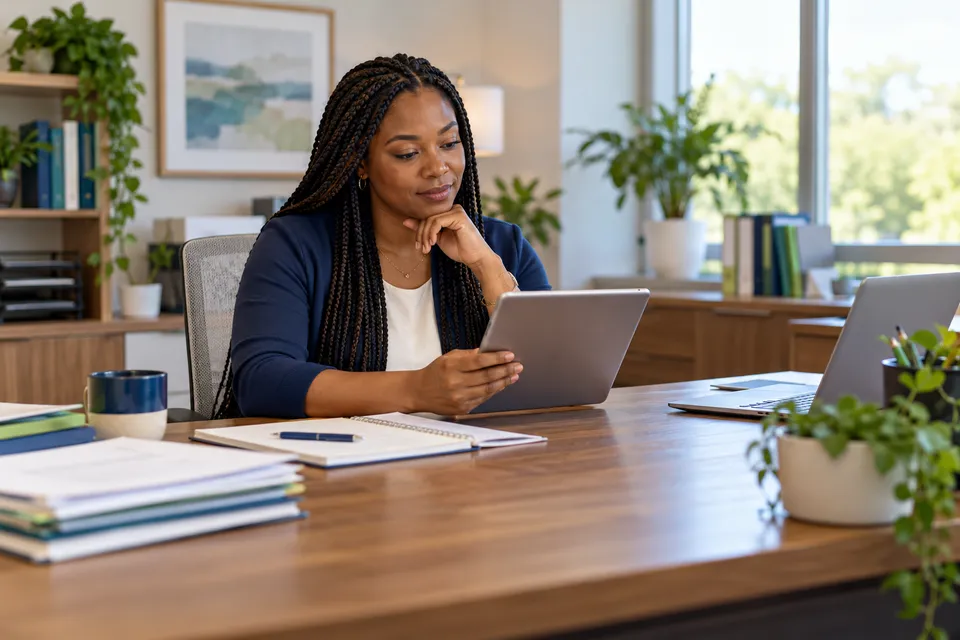 A Black female billing professional with long braids reviewing a tablet while seated at a spacious wooden desk