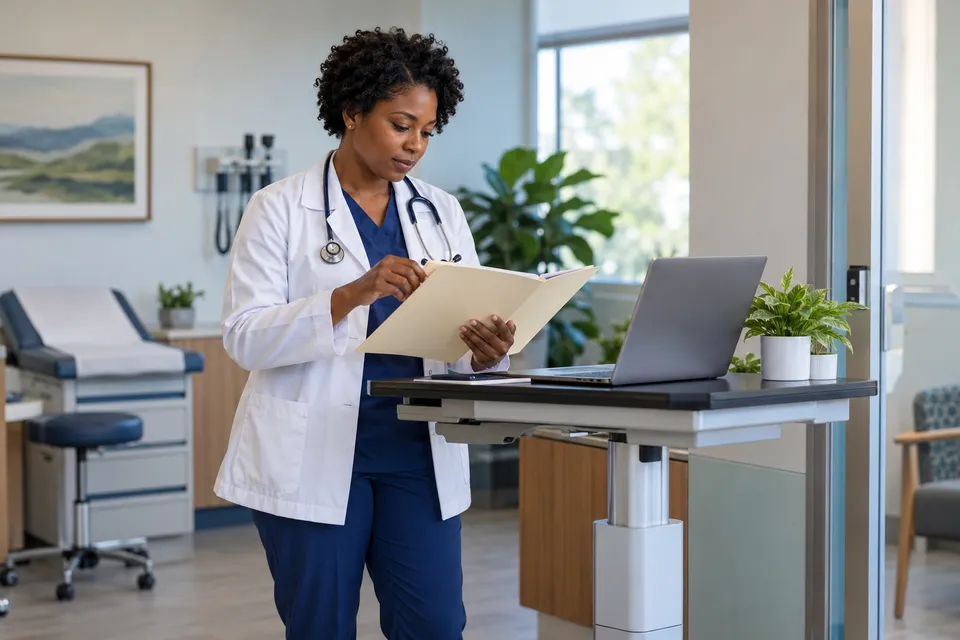 A Black woman physician with short natural hair organizing an unmarked folder and a laptop at a standing clinic workstation