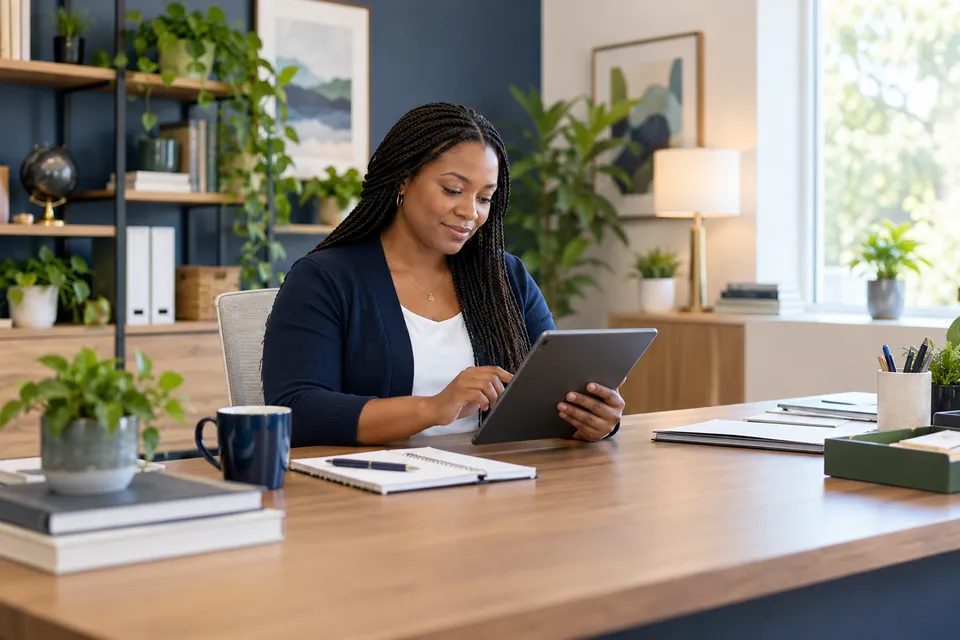 A Black female billing professional with long braids reviewing a tablet while seated at a spacious wooden desk