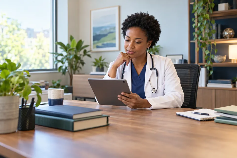 A Black woman physician with short natural hair reviewing a tablet while seated at a spacious wooden desk
