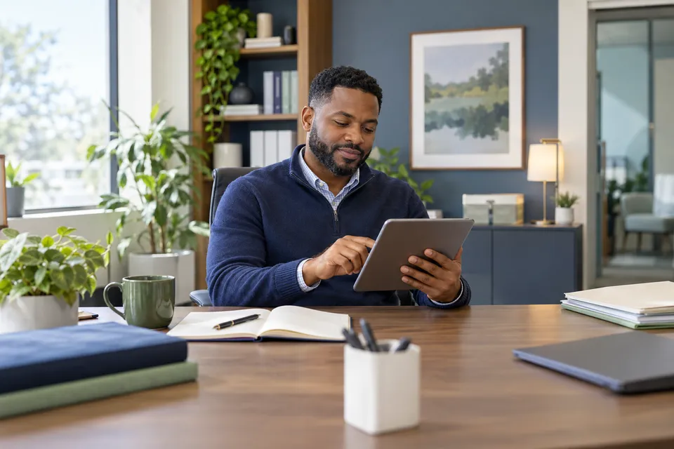 A Black man practice coordinator with a neatly trimmed beard reviewing a tablet while seated at a spacious wooden desk