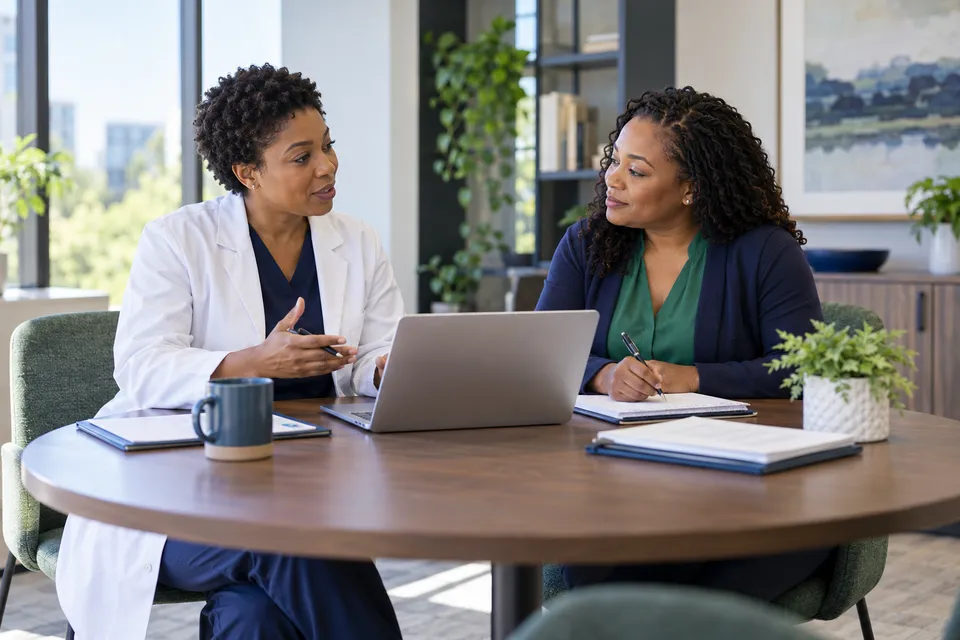 A Black woman physician with short natural hair planning administrative tasks with a Black colleague at a round meeting table