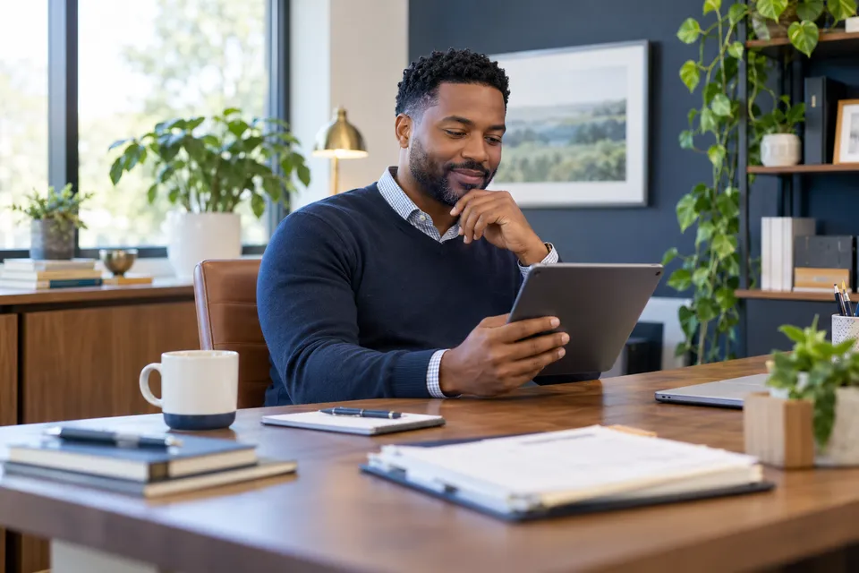 A Black man practice coordinator with a neatly trimmed beard reviewing a tablet while seated at a spacious wooden desk