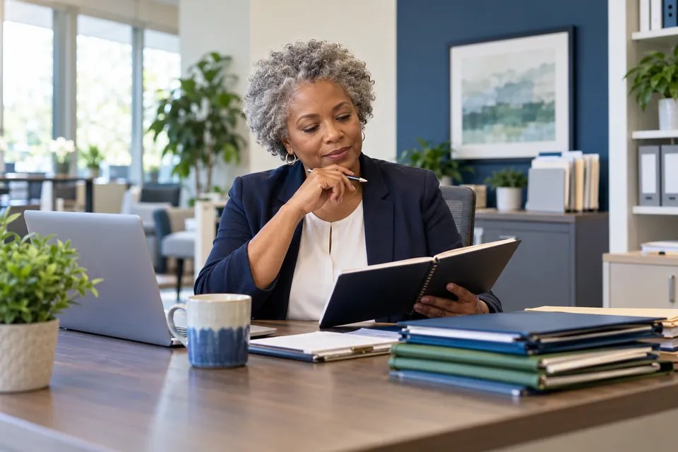 A mature Black woman practice administrator with silver natural hair working with a notebook and closed folders in an airy healthcare business office