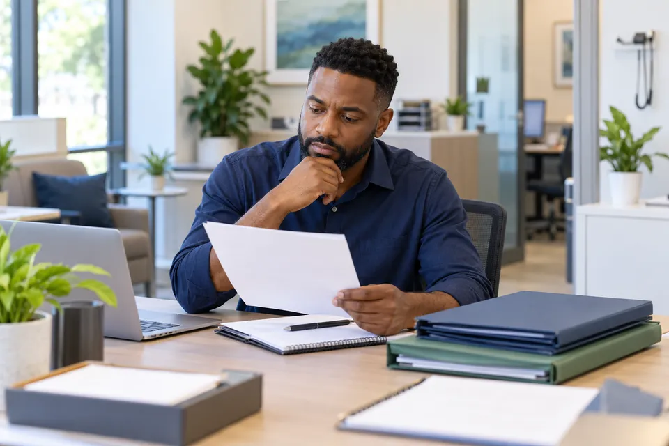 A Black man practice coordinator with a neatly trimmed beard working with a notebook and closed folders in an airy healthcare business office