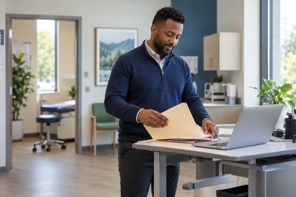 A Black man practice coordinator with a neatly trimmed beard organizing an unmarked folder and a laptop at a standing clinic workstation