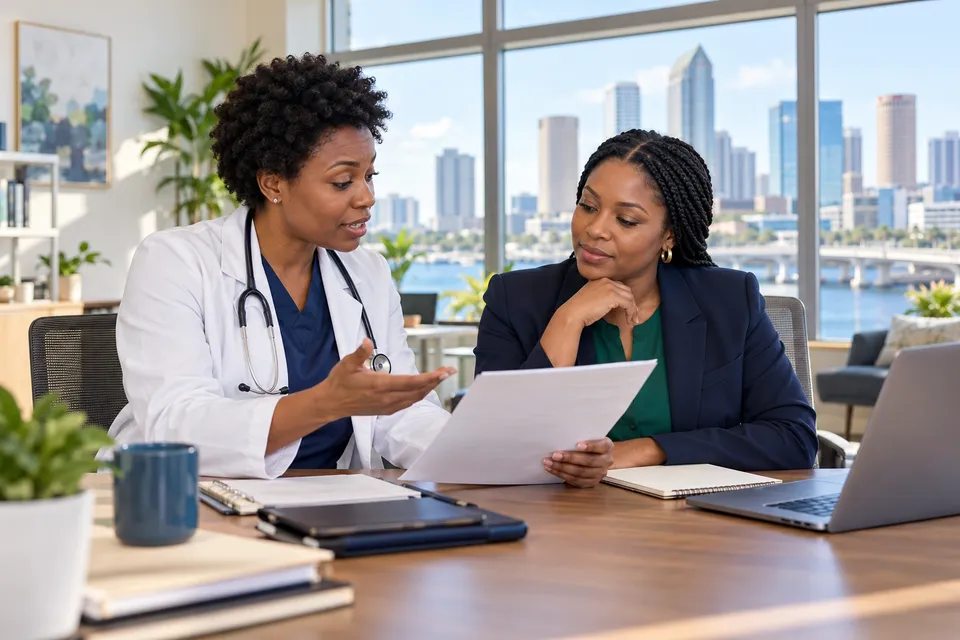 A Black woman physician with short natural hair discussing an anonymous document with a Black colleague in a bright office