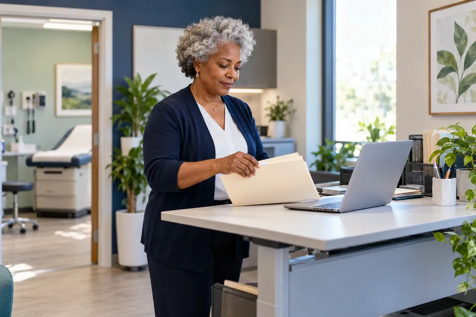 A mature Black woman practice administrator with silver natural hair organizing an unmarked folder and a laptop at a standing clinic workstation