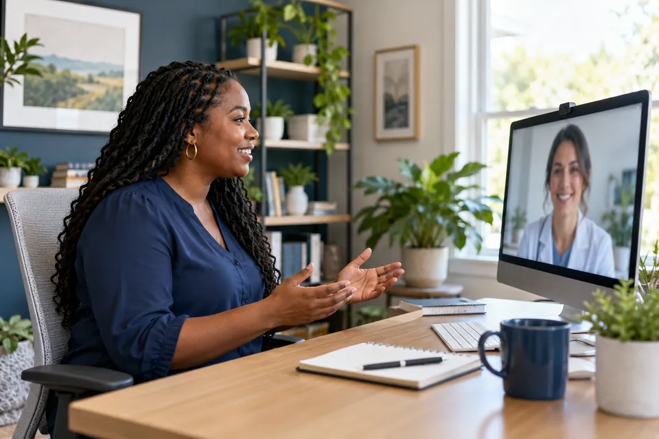 A Black female remote medical administrator at a home office desk in a video call with a clinic colleague on a deliberately blurred screen