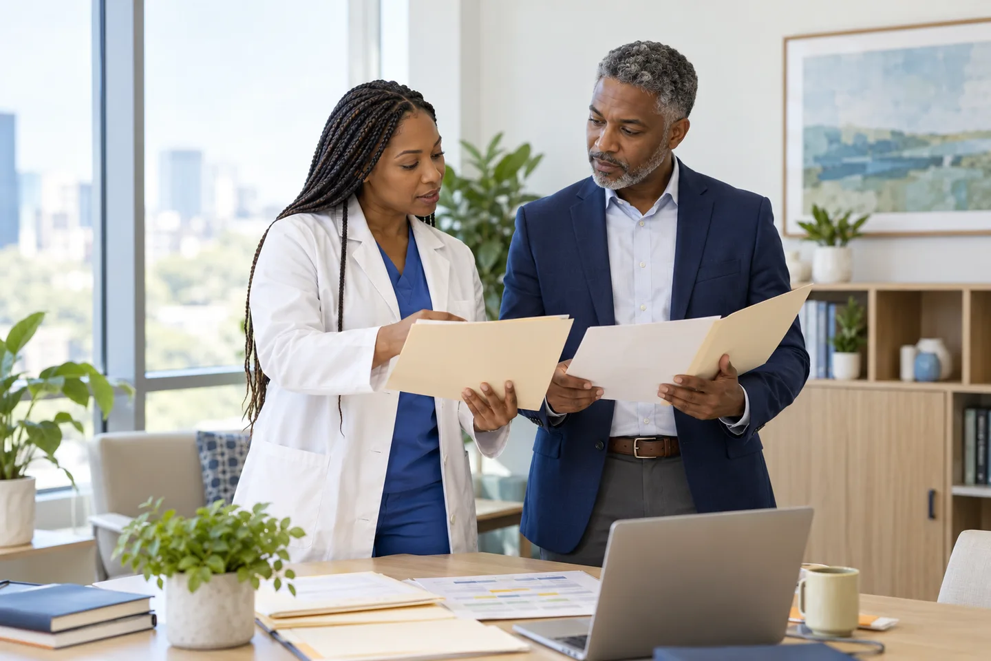 Physician and administrator reviewing documentation handoffs