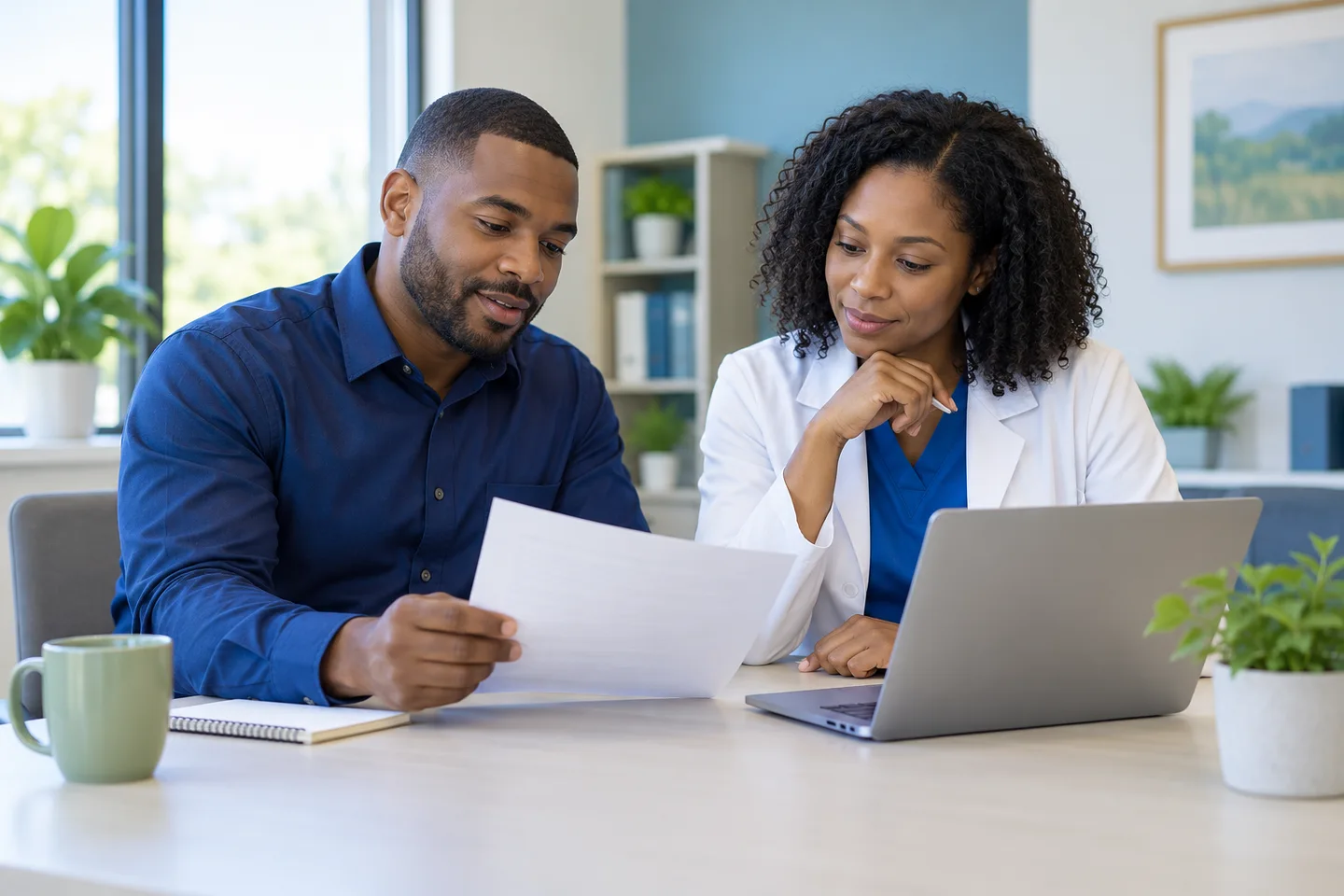 Black administrator and physician reviewing anonymous documents