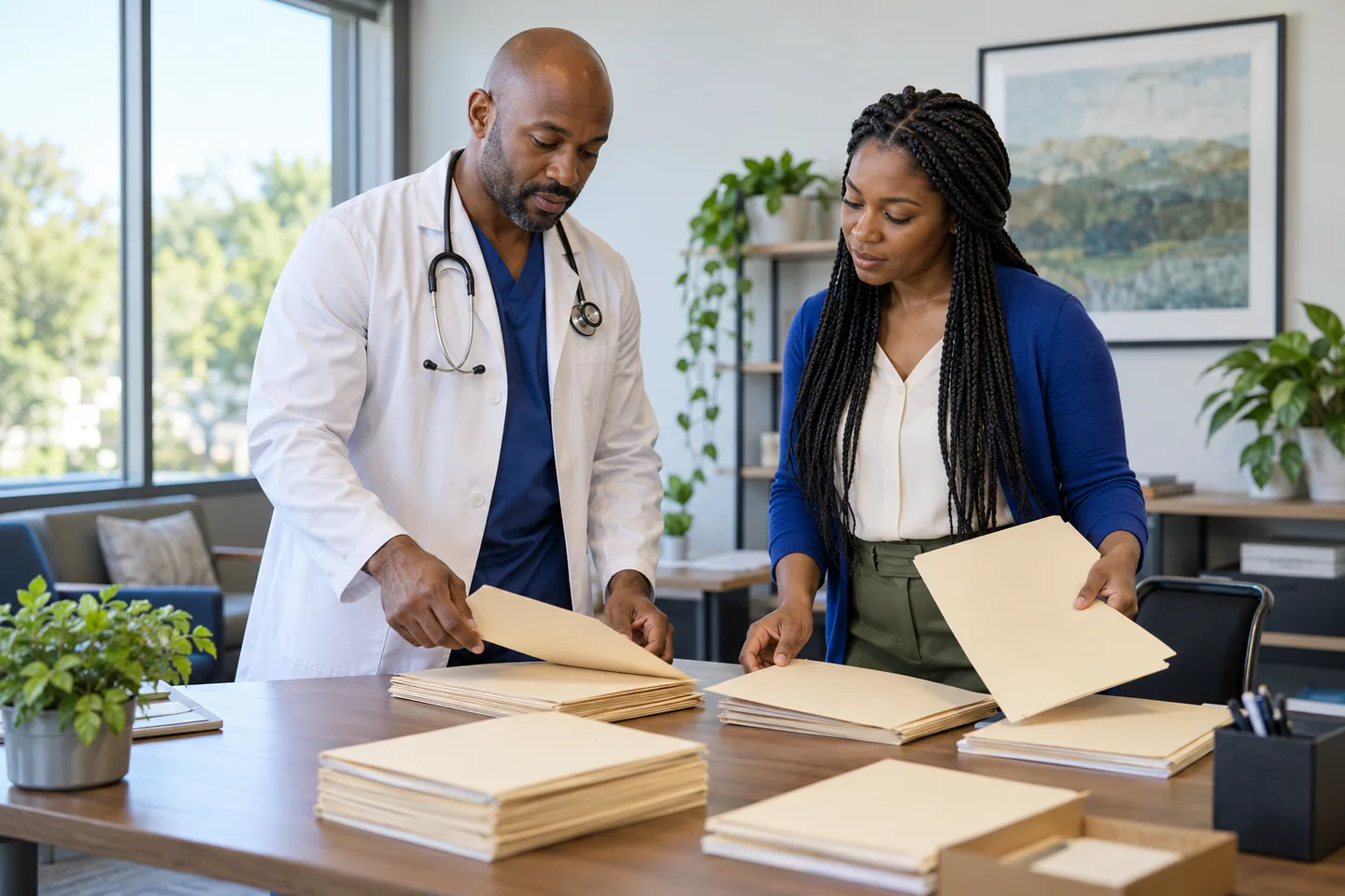 Physician and enrollment coordinator organizing application information