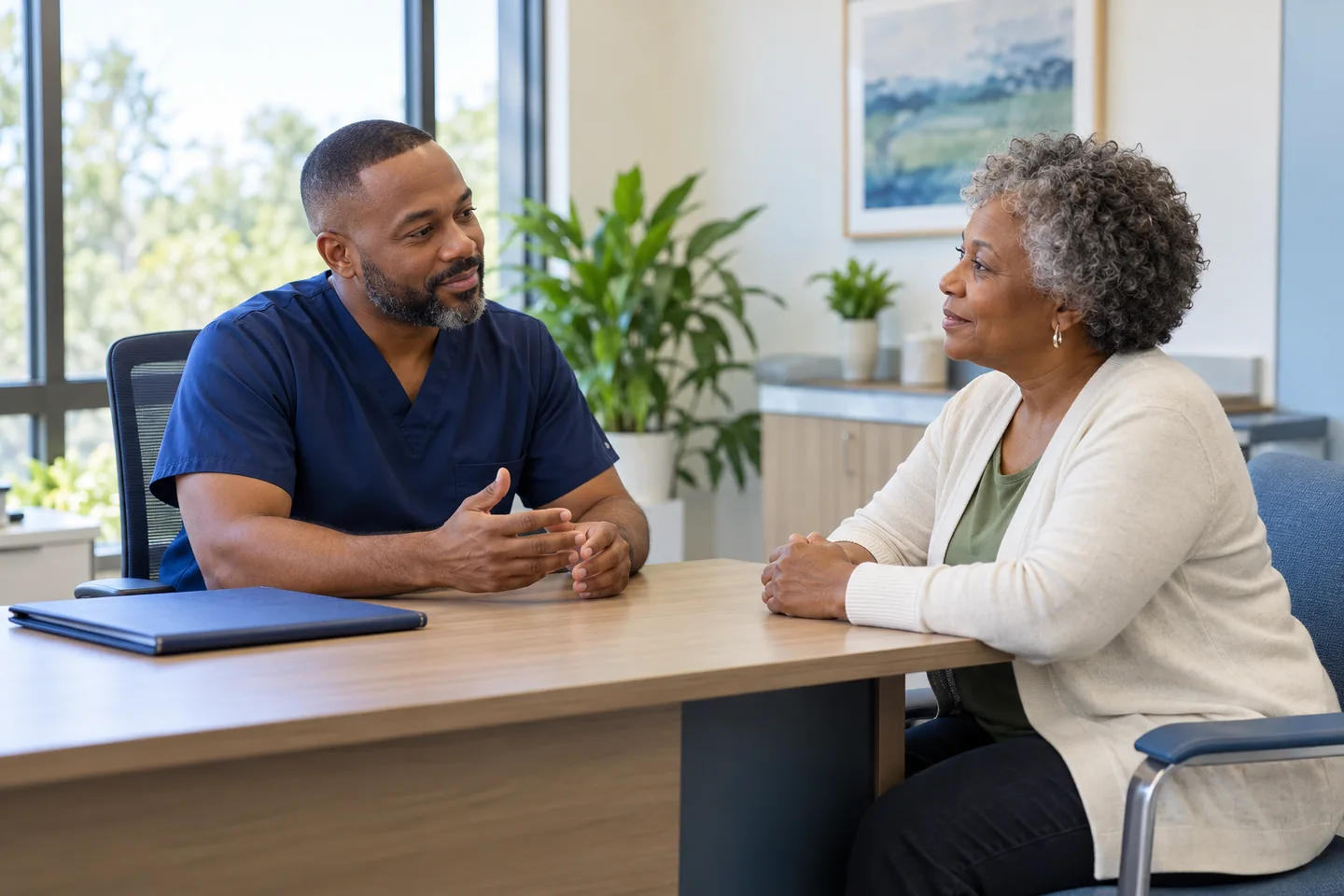 Black male physician listening to an older female patient