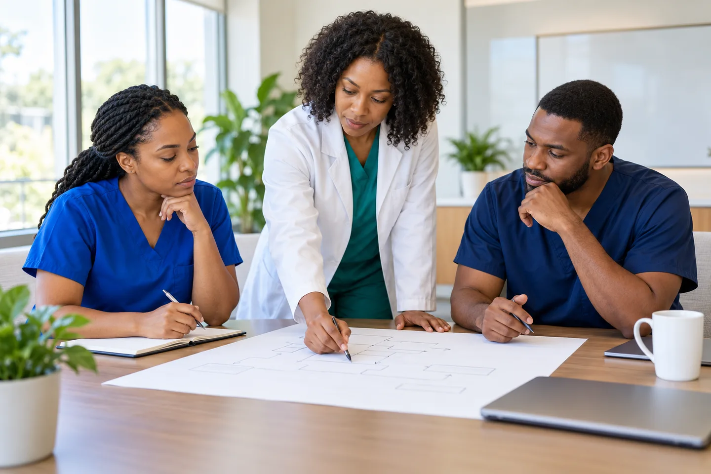 Black healthcare professionals planning a practice workflow