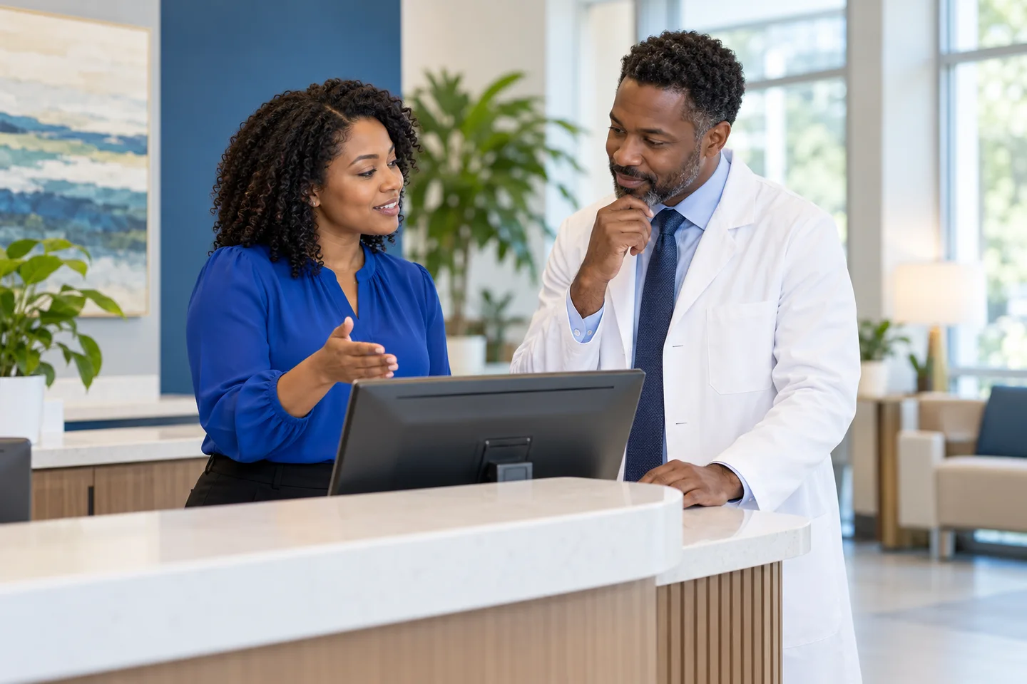 Black practice coordinator and physician discussing an administrative workflow