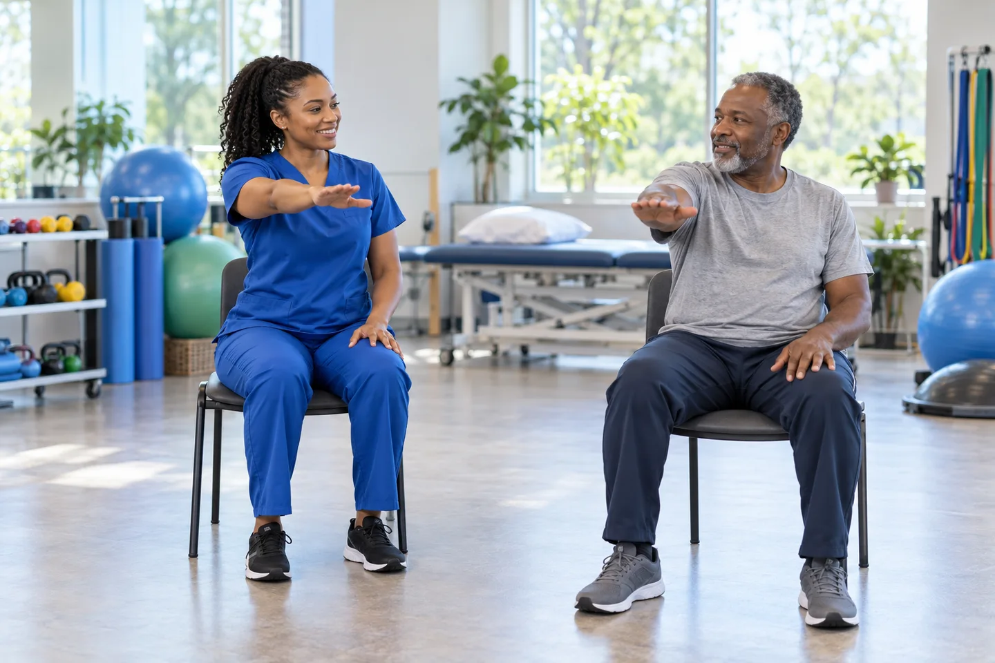 therapist and patient demonstrating a seated movement