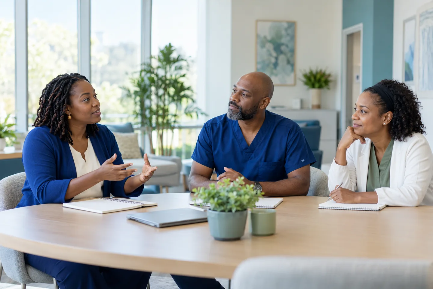 Healthcare professionals in a team training discussion