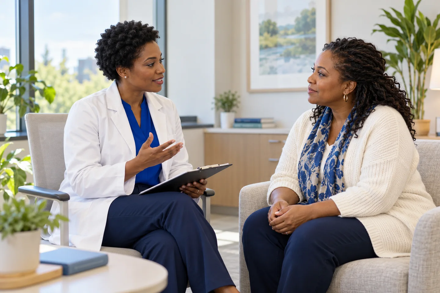 Black female physician and woman in consultation